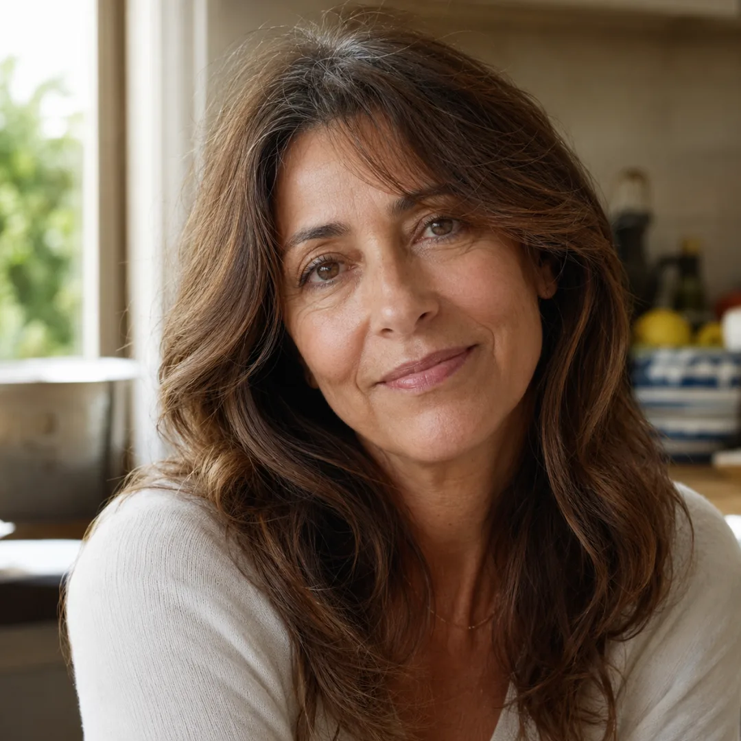 Donna 54 anni con pelle dall'aspetto luminoso, luce naturale del mattino